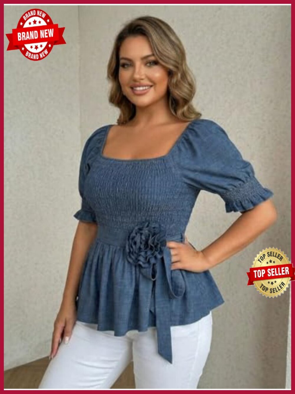 Plus Size Puff Sleeve Peplum Blouse 3D Floral Belt Scoop Neck Dressy Casual Top - Picture 2 of 4